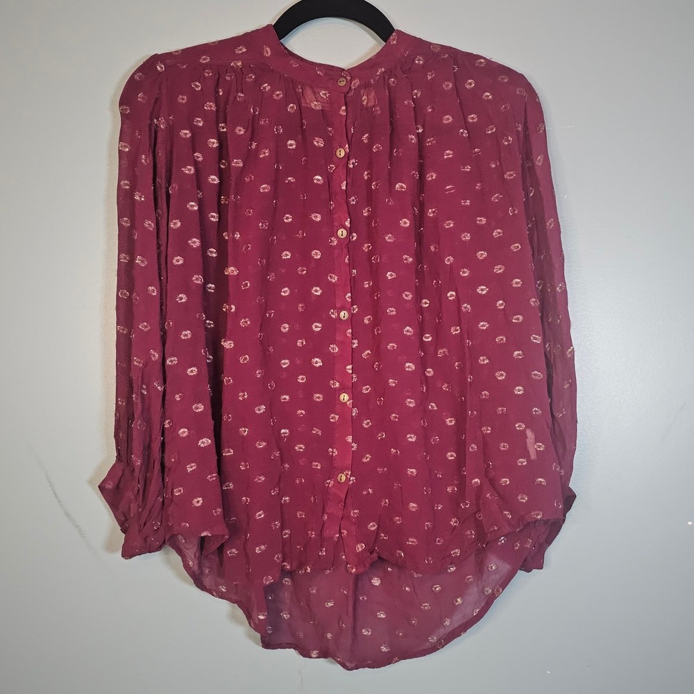 Moulinette Soeurs Anthropologie Burgundy Gold Metallic Lip Fil Coupe Blouse S